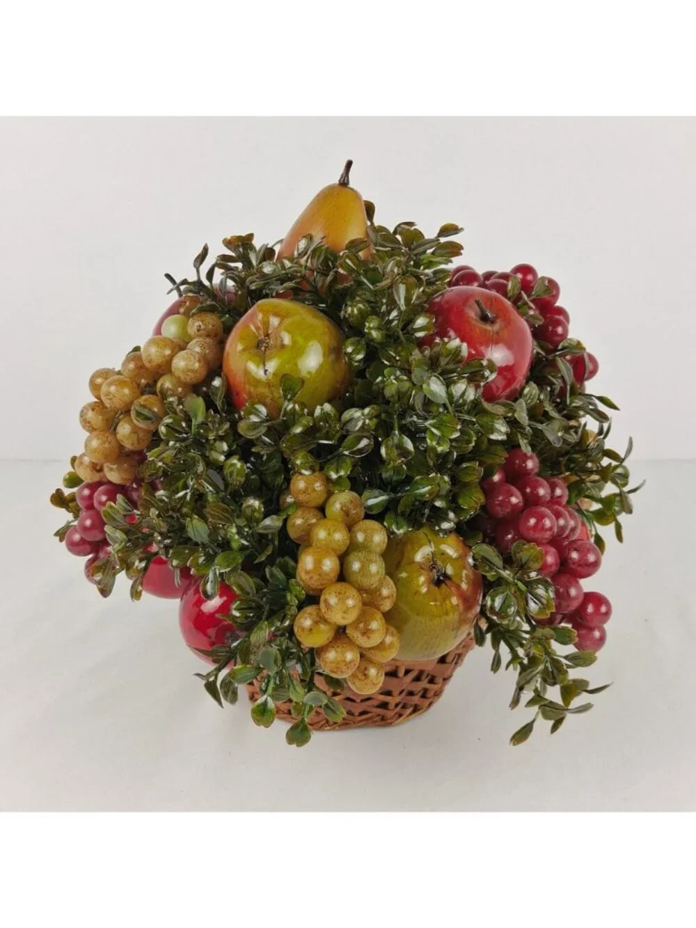 MCM Faux Fruit in a Woven Basket w/ Lacquered Fruit-Grapes, Apples, and Pears